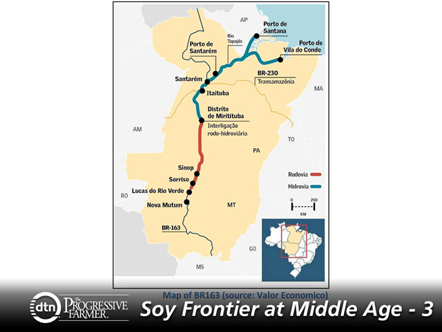 The Soybean Highway, BR-163, links Sorriso 1,200 miles to the Port of Santos in the south, but heavy reliance on trucking means inland freight costs about 50% more than shipping from north central, Iowa to the Gulf of Mexico. Port expansion along the Amazon and its tributaries to the north could drastically improve logistics and land values. (Graphic courtesy of USDA Foreign Agricultural Service)